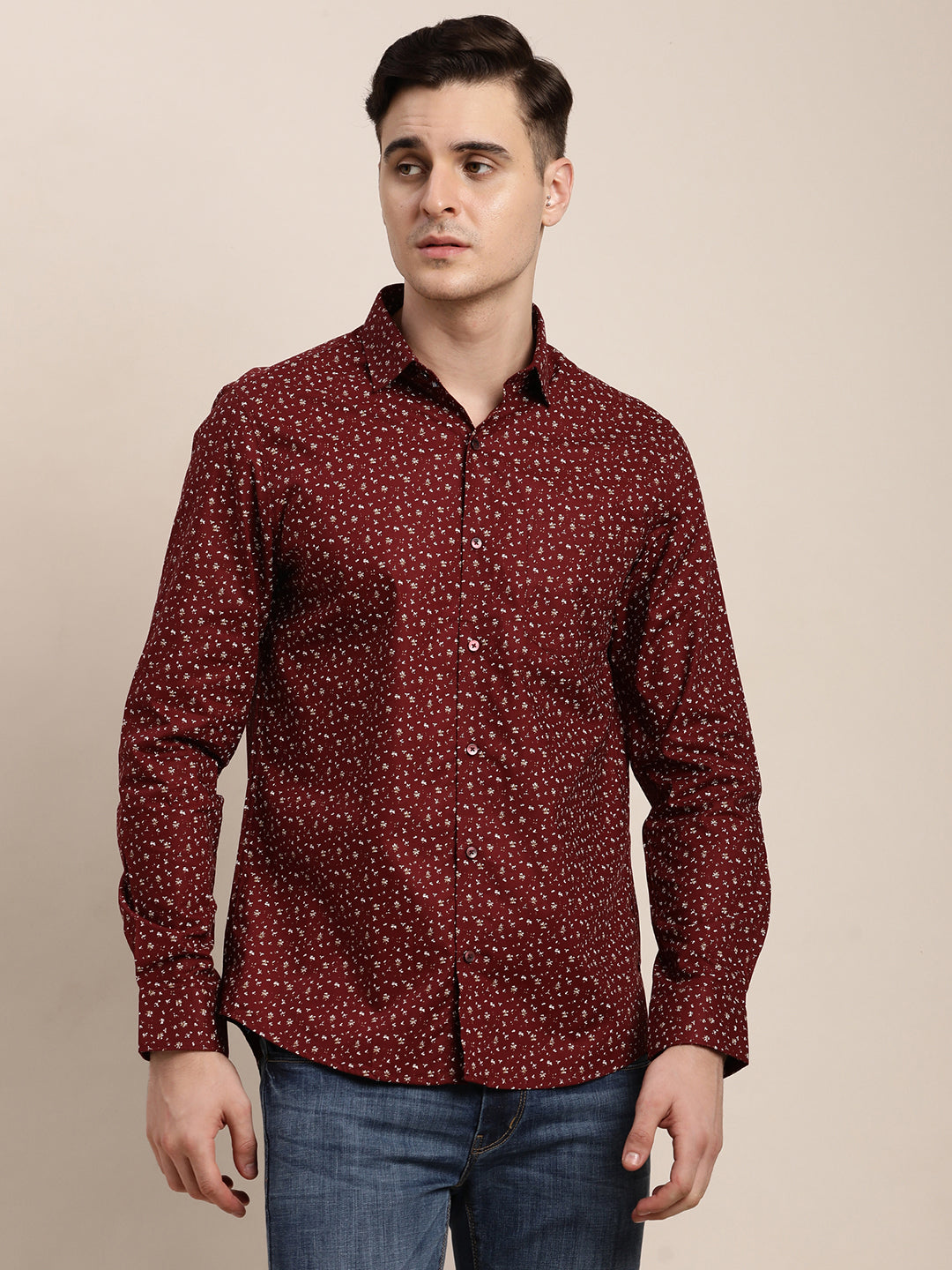 100% Cotton Maroon Printed Slim Fit Full Sleeve Formal Shirt