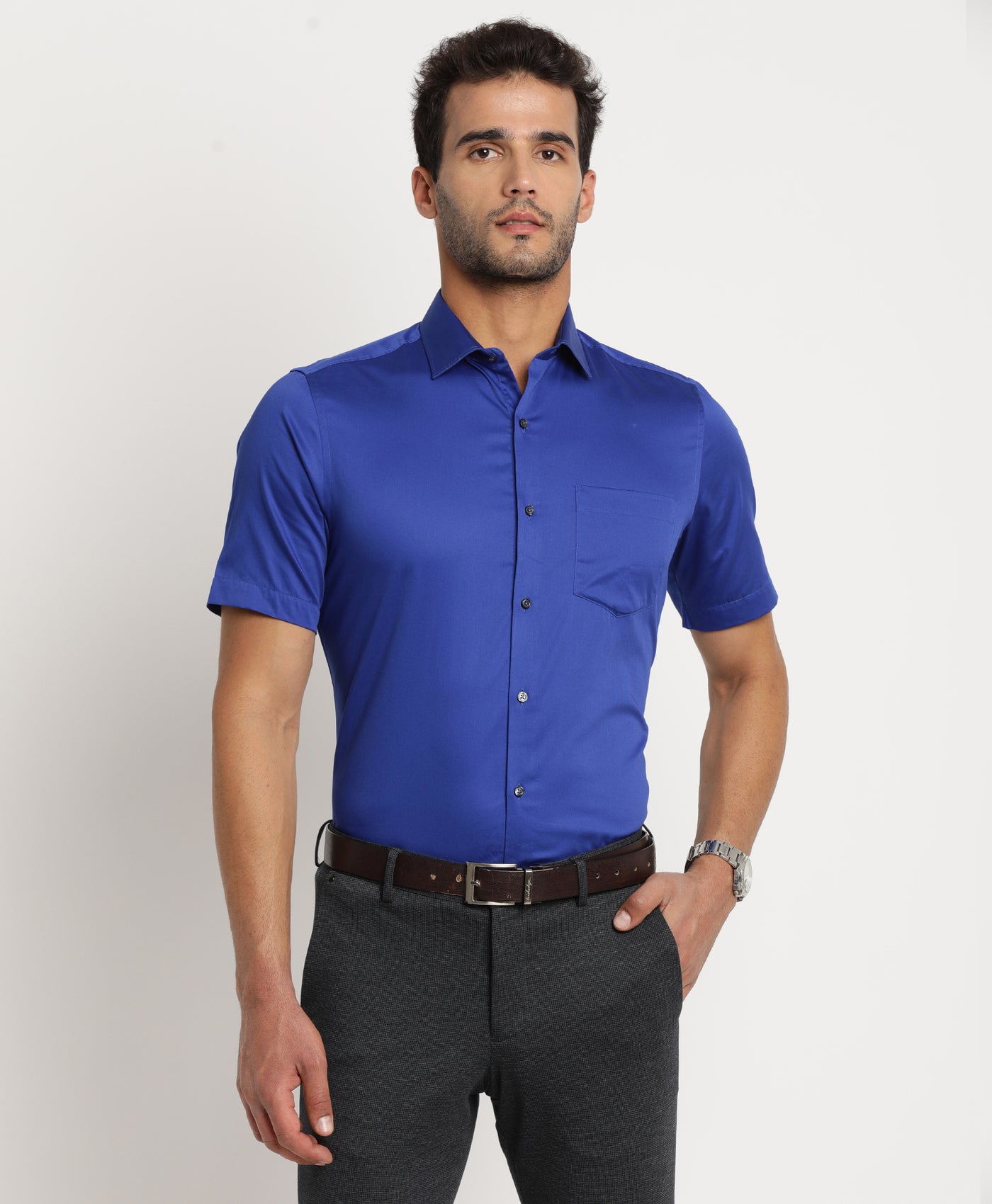 100% Cotton Blue Plain Regular Fit Half Sleeve Formal Shirt