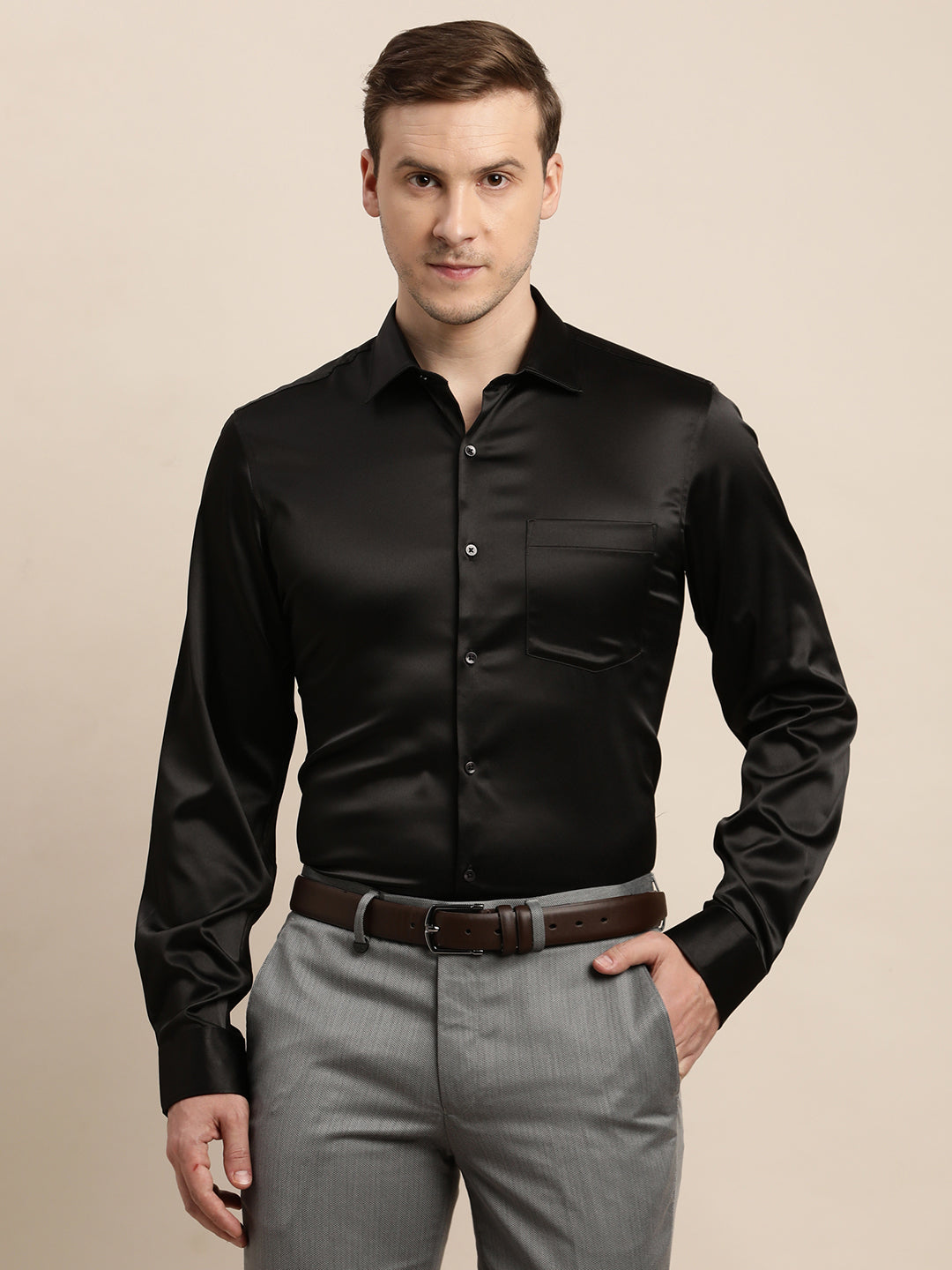 Poly Satin Black Plain Slim Fit Full Sleeve Ceremonial Shirt