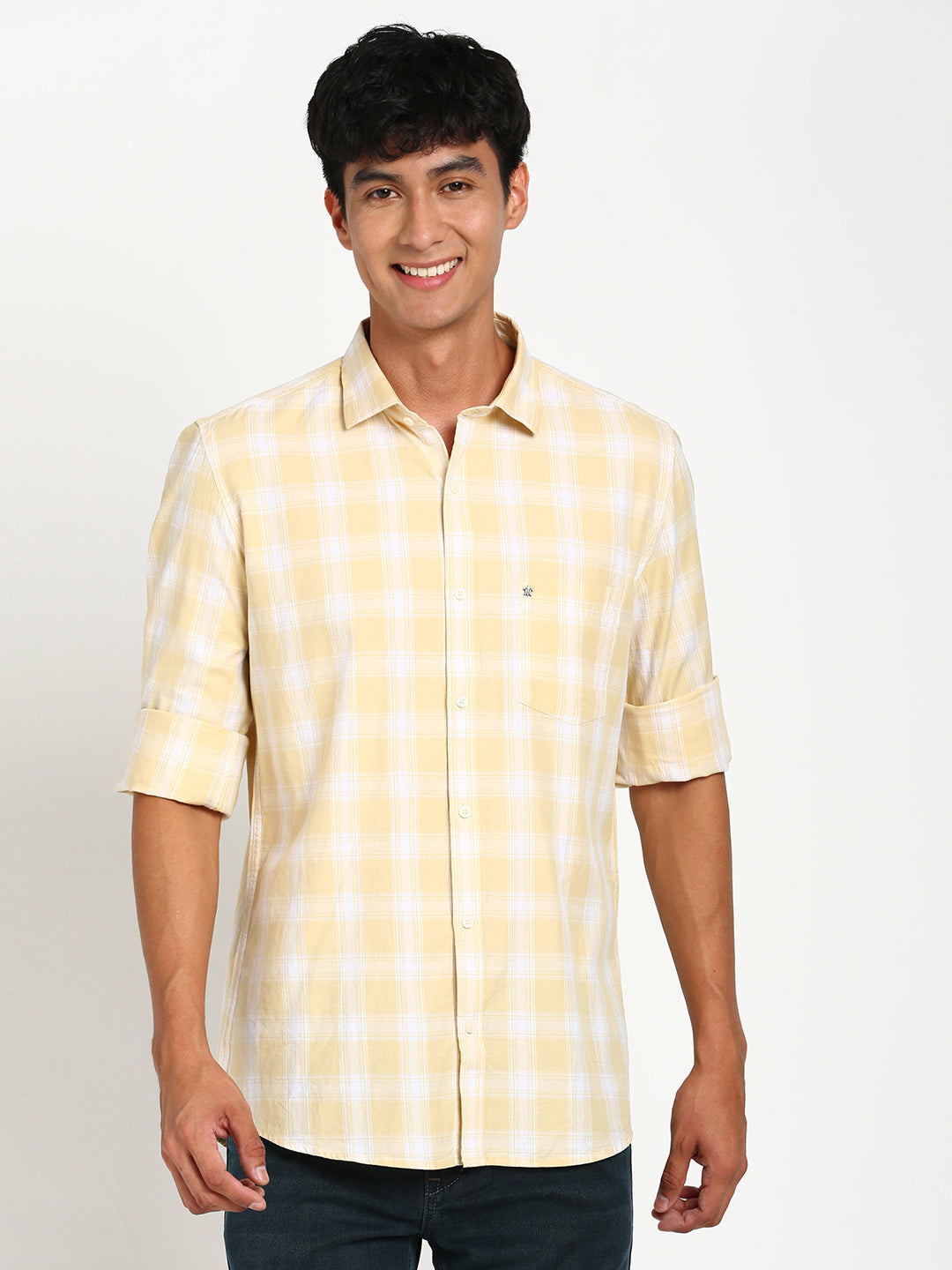 100% Cotton Yellow Checkered Slim Fit Full Sleeve Casual Shirt