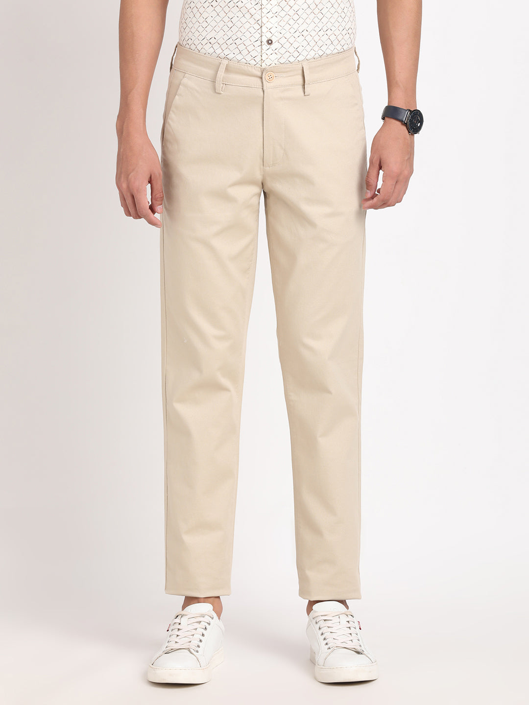 Cotton Stretch Beige Dobby Ultra Slim Fit Flat Front Casual Trouser