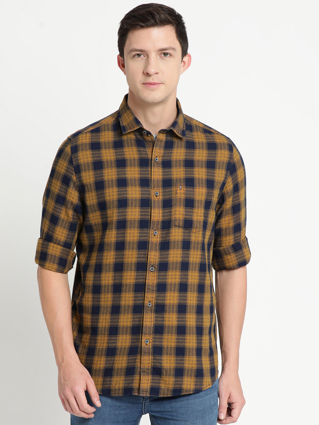 100% Cotton Indigo Mustard Checkered Slim Fit Full Sleeve Casual Shirt