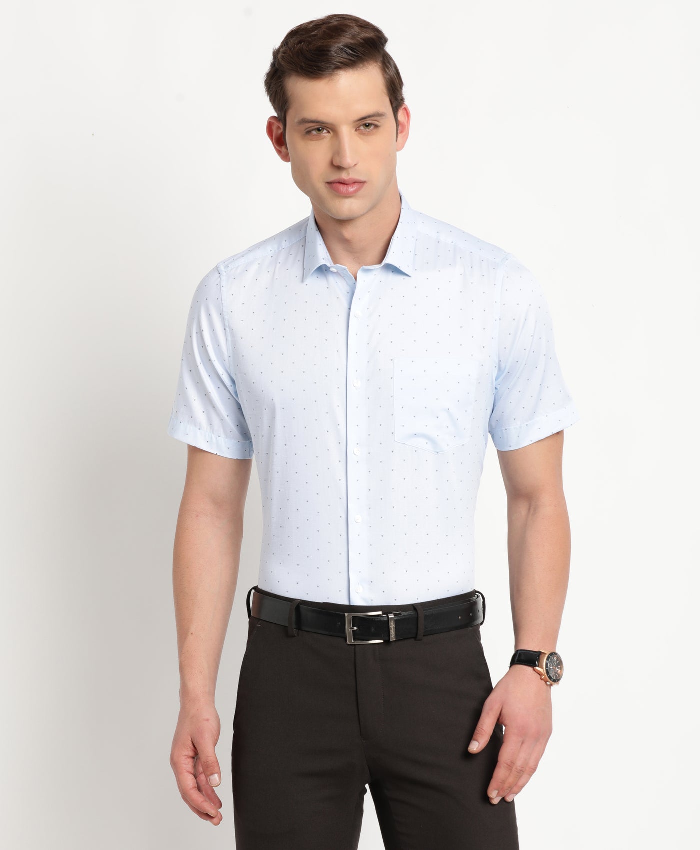 100% Cotton Blue Printed Regular Fit Half Sleeve Formal Shirt