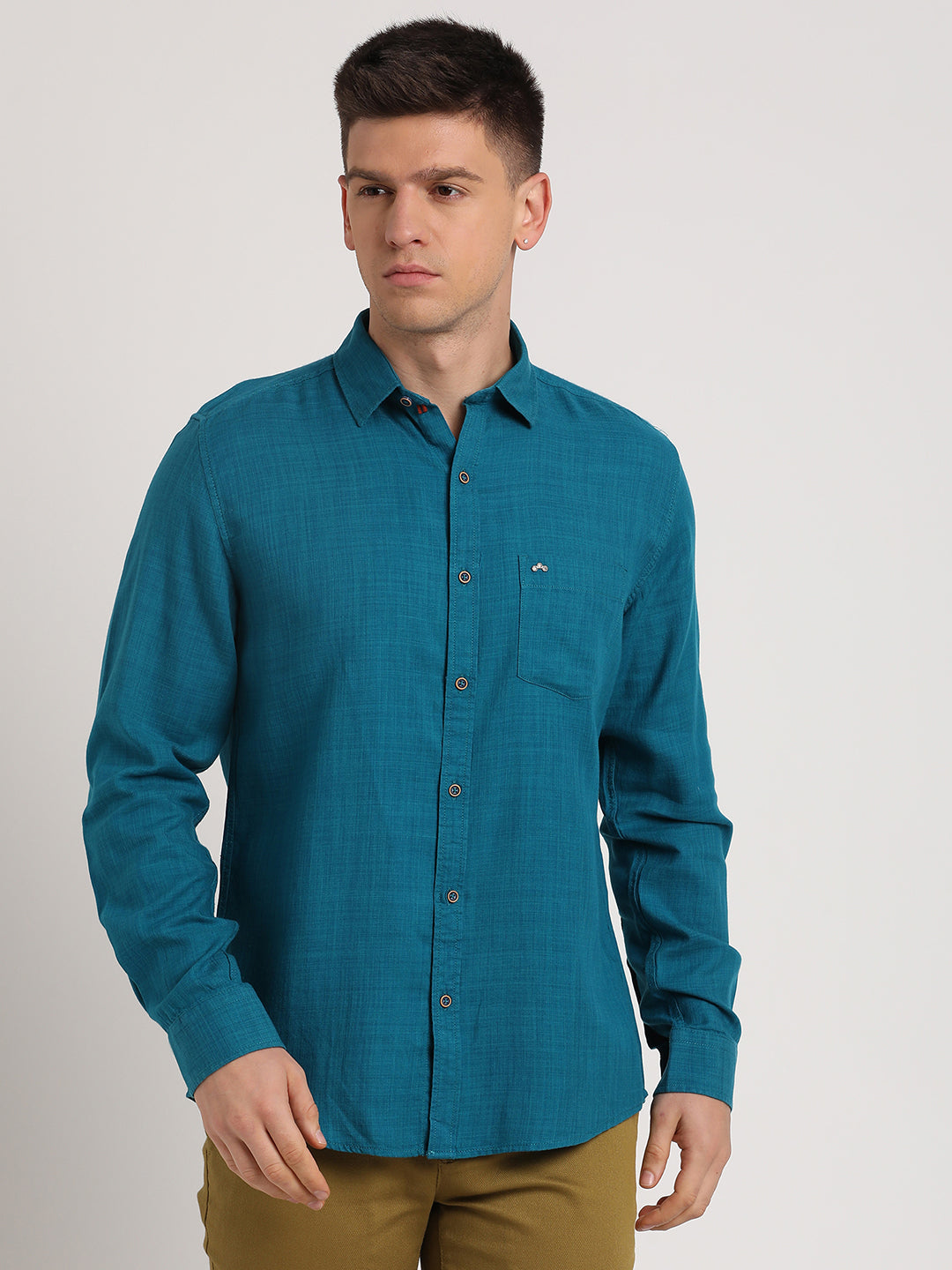 Cotton Lyocell Teal Plain Slim Fit Full Sleeve Casual Shirt