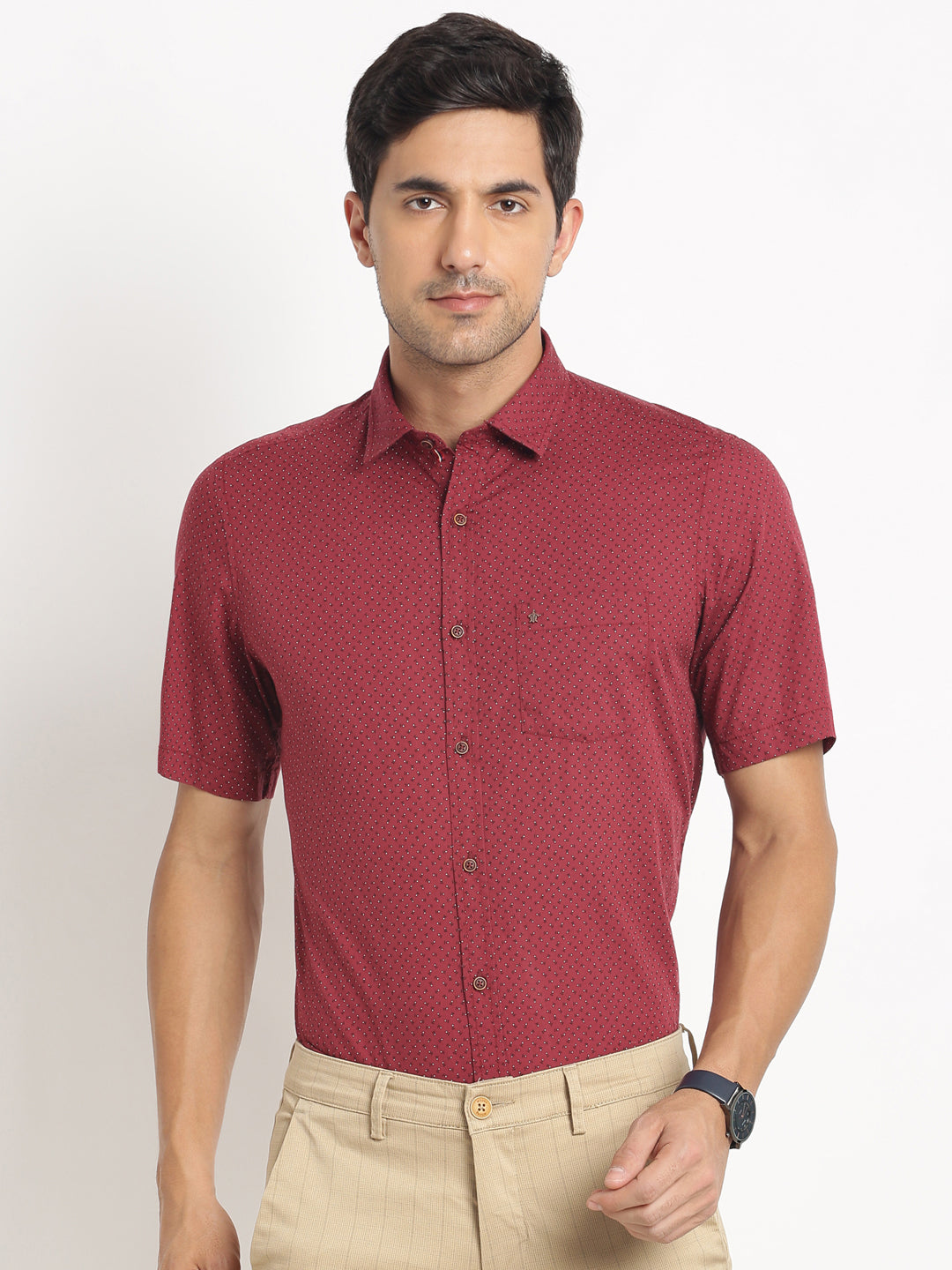 100% Cotton Maroon Printed Slim Fit Half Sleeve Casual Shirt