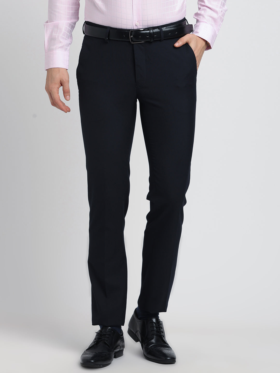 Poly Viscose Navy Plain Slim Fit Flat Front Formal Trouser