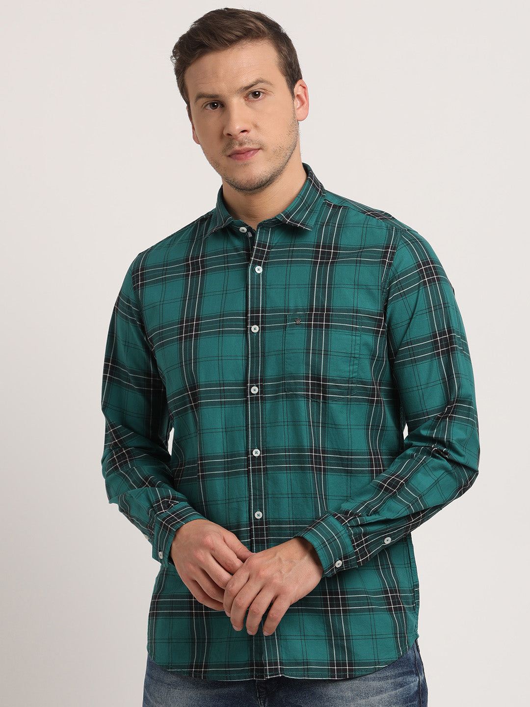 100% Cotton Green Checkered Slim Fit Full Sleeve Casual Shirt