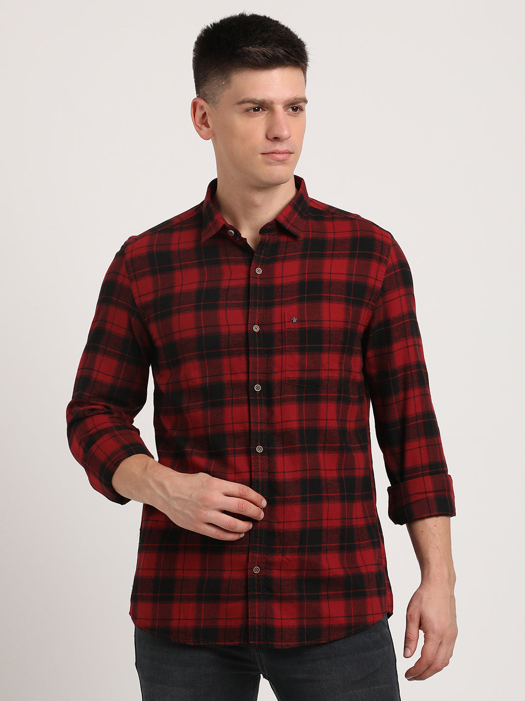 Cotton Lyocell Red Checkered Slim Fit Full Sleeve Casual Shirt