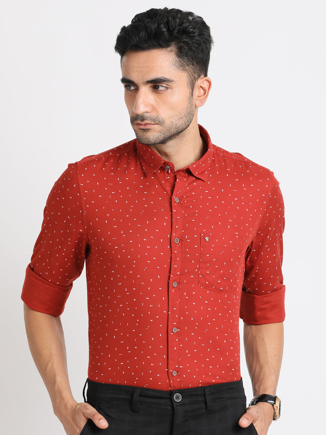 Cotton Stretch Red Printed Slim Fit Full Sleeve Casual Shirt