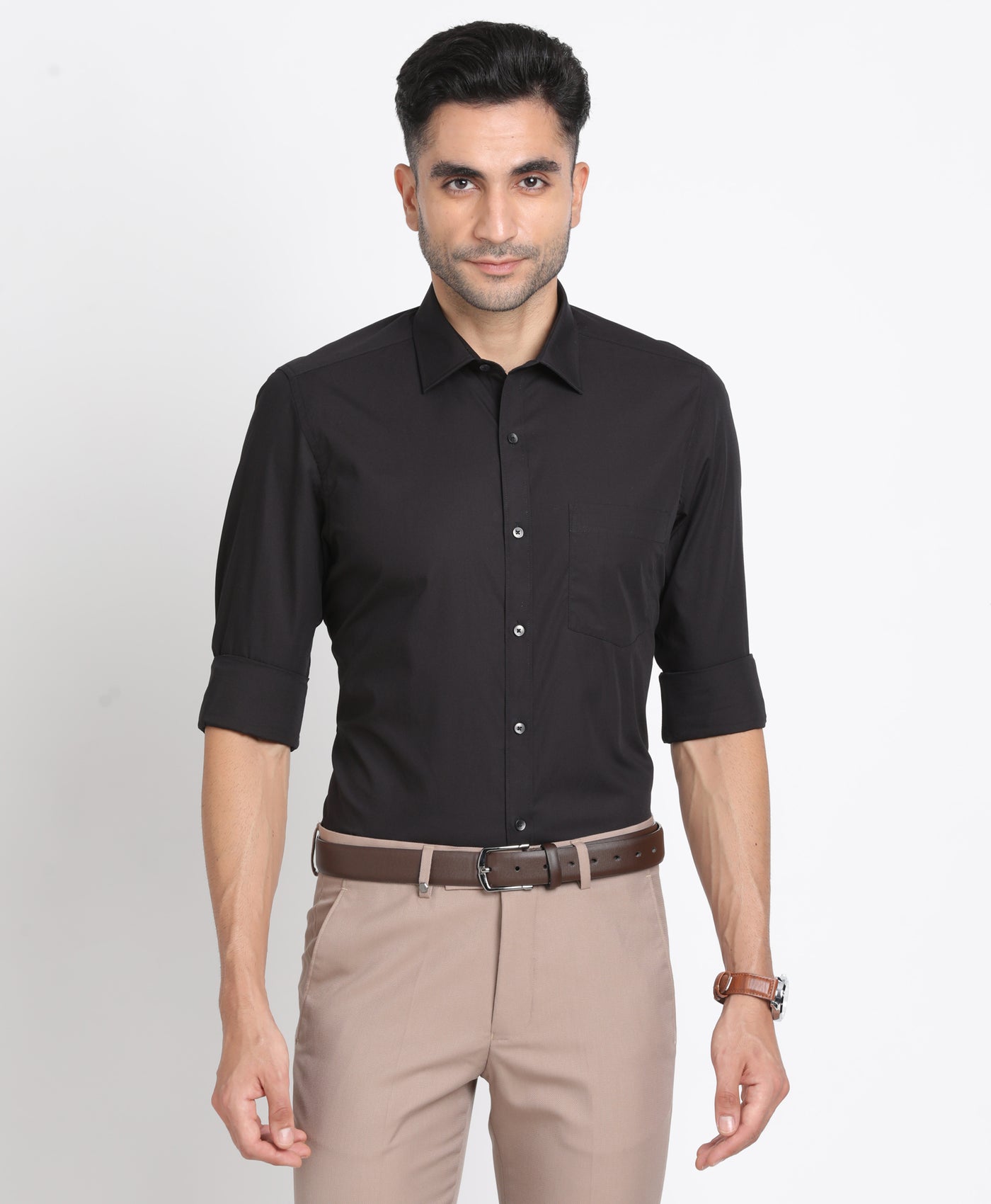 100% Cotton Black Plain Slim Fit Full Sleeve Formal Shirt