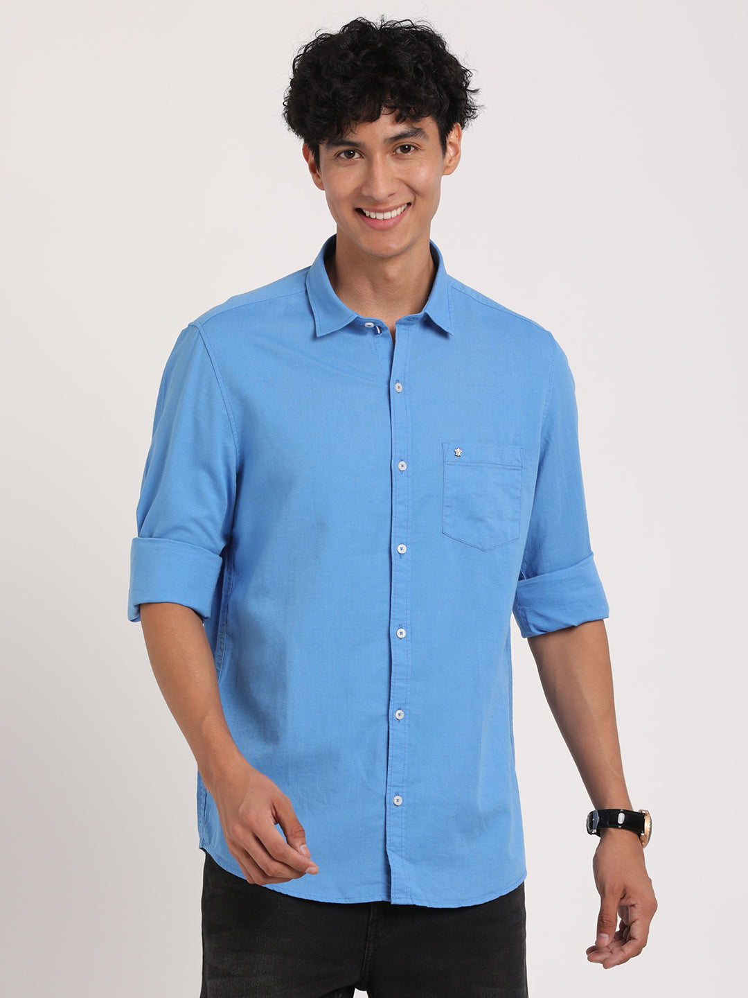 100% Cotton Blue Plain Slim Fit Full Sleeve Casual Shirt