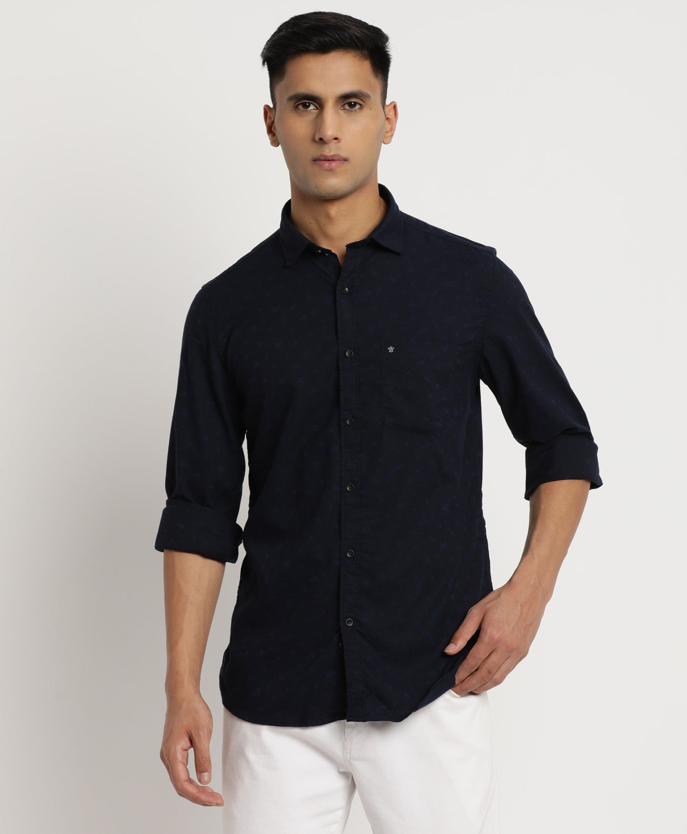 Poly Cotton Navy Blue Printed Slim Fit Full Sleeve Casual Shirt