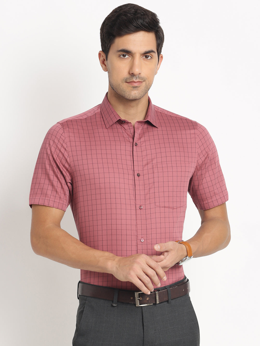 100% Cotton Maroon Checkered Regular Fit Half Sleeve Formal Shirt