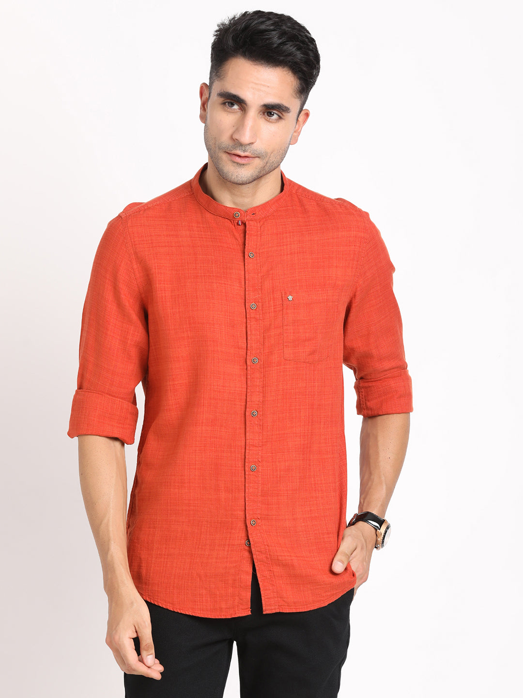 Cotton Lyocell Orange Plain Slim Fit Full Sleeve Casual Shirt