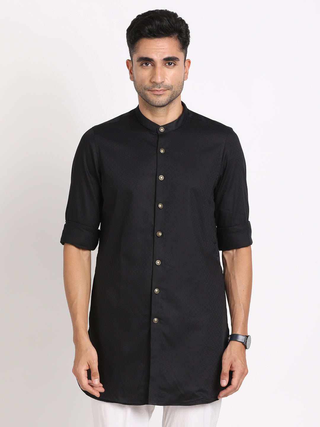 100% Cotton Black Jacquard Kurta Full Sleeve Ceremonial Shirt