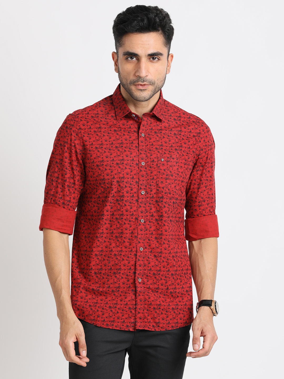 100% Cotton Red Printed Slim Fit Full Sleeve Casual Shirt