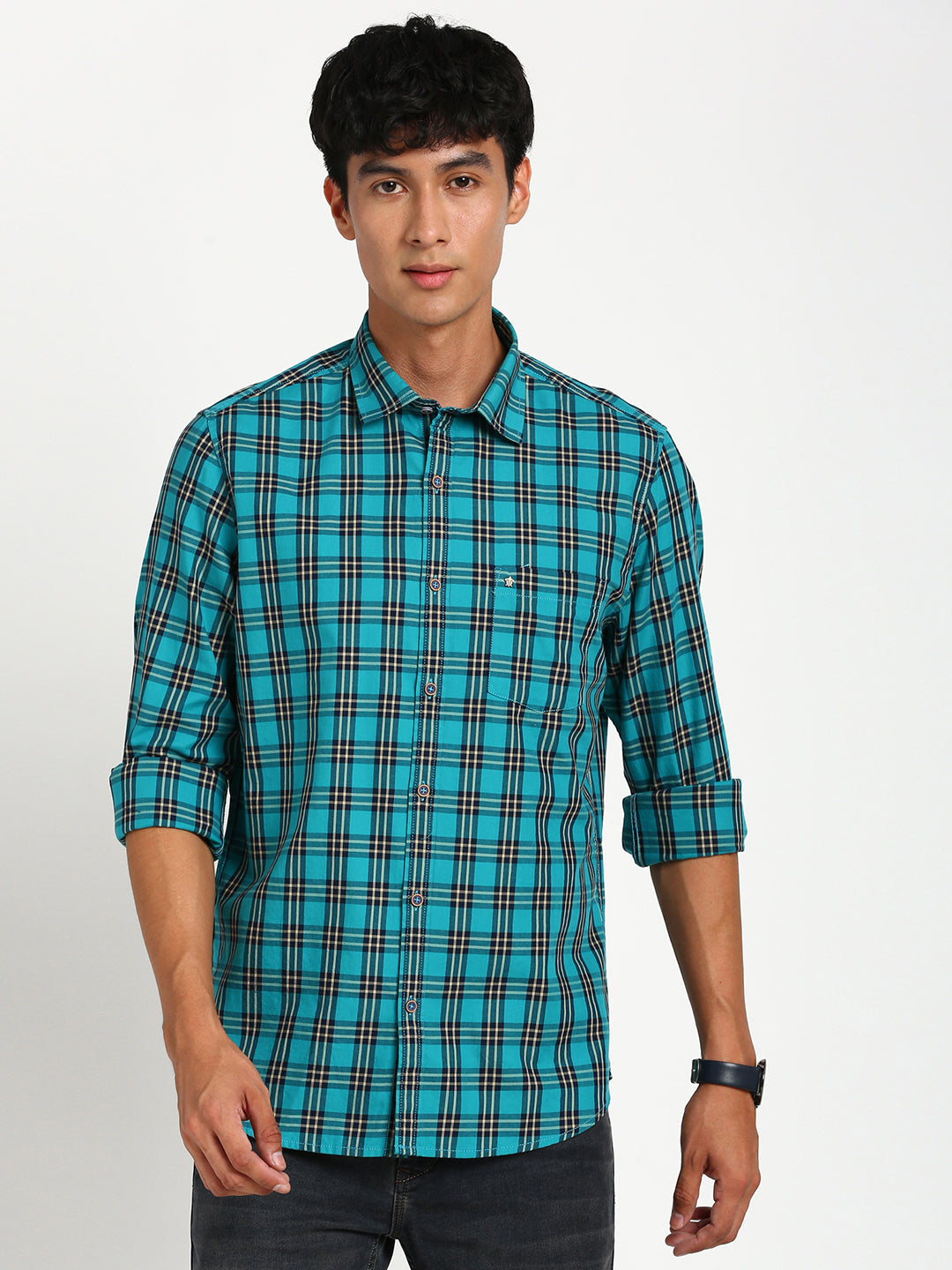 100% Cotton Turquoise Blue Checkered Slim Fit Full Sleeve Casual Shirt