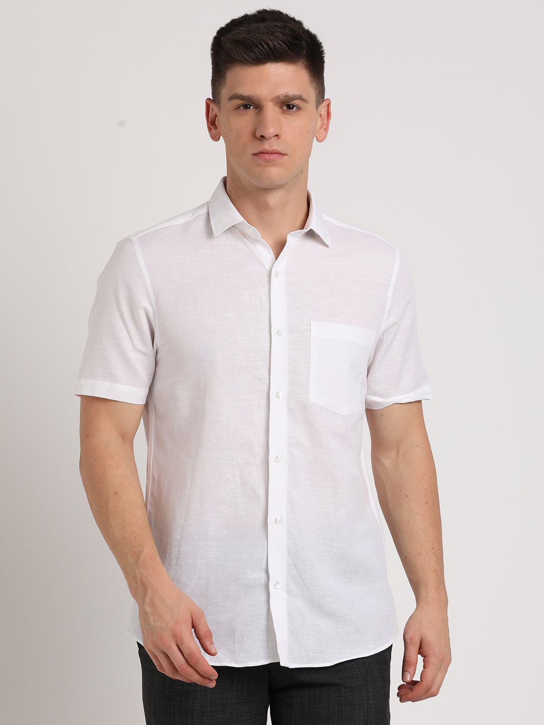 Cotton Linen White Plain Slim Fit Half Sleeve Formal Shirt