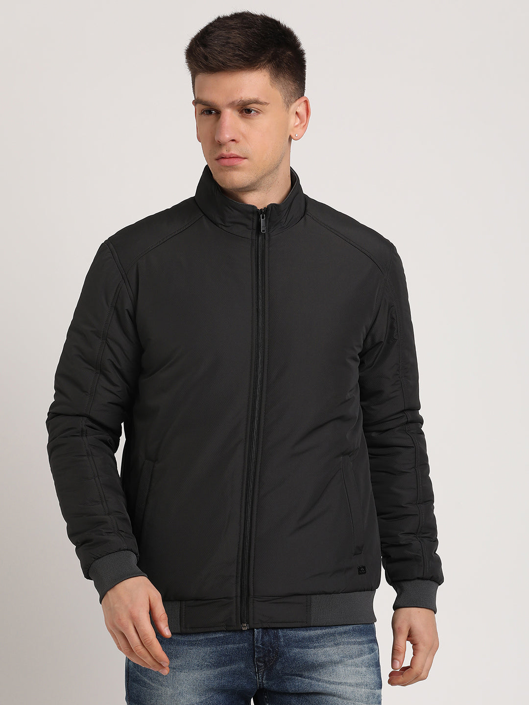 Polyester Solid Black Zipper Windcheater Jacket