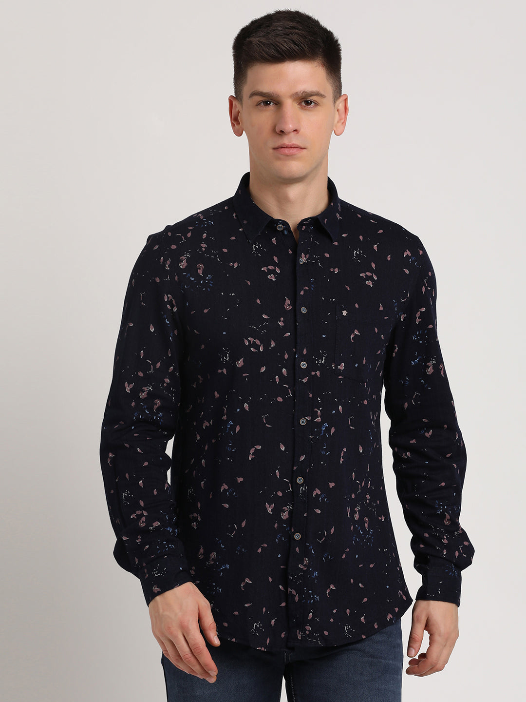 100% Cotton Navy Blue Printed Slim Fit Full Sleeve Casual Shirt