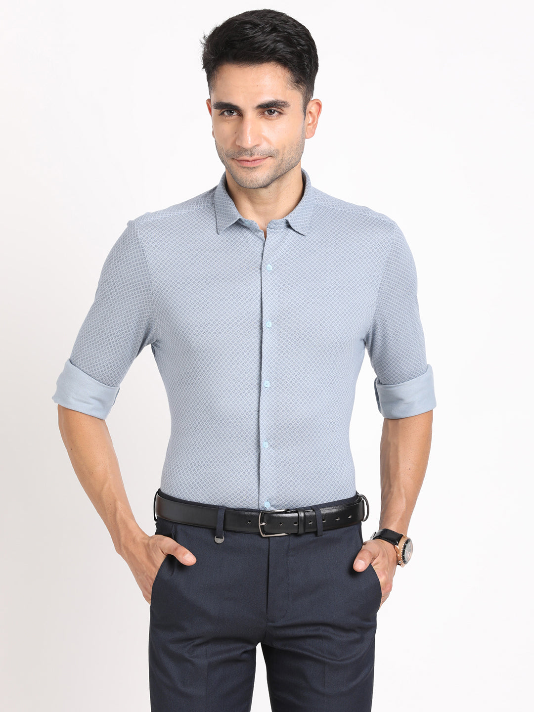 Cotton Grey Printed Slim Fit Full Sleeve Formal Shirt