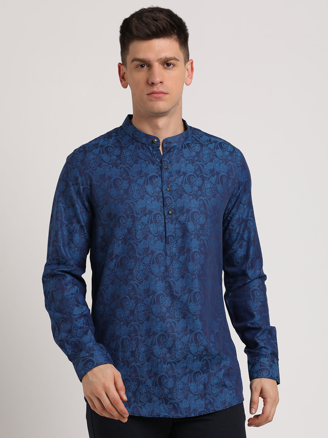 100% Cotton Blue Jacquard Kurta Full Sleeve Ceremonial Shirt