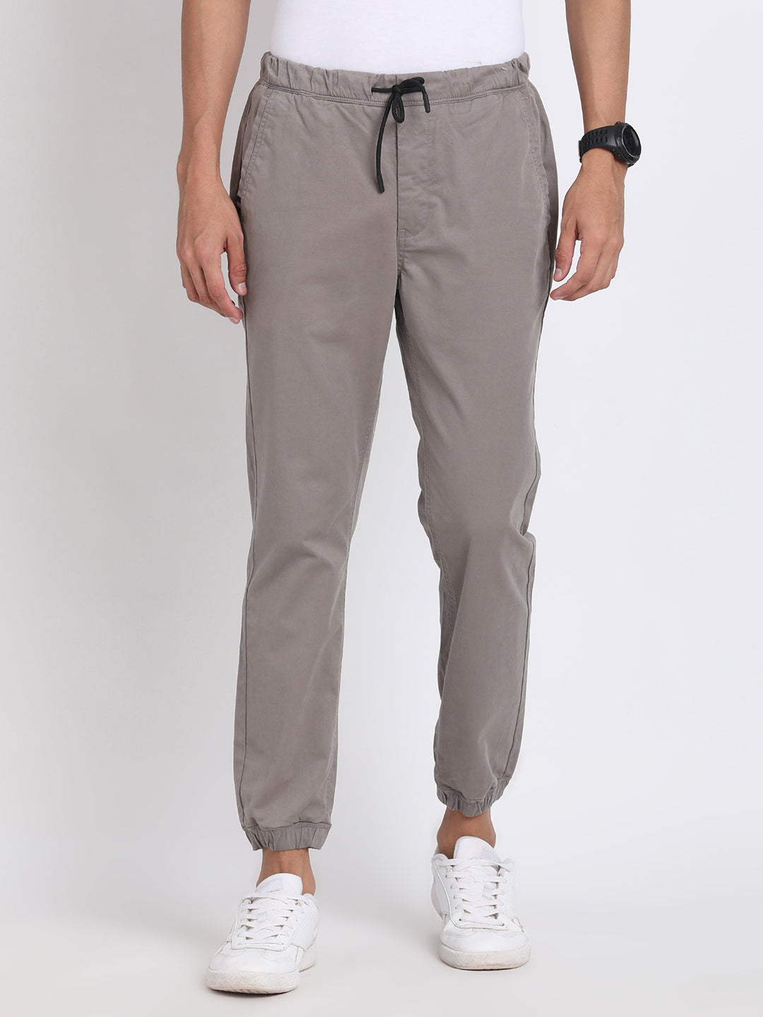 Cotton Stretch Grey Plain Jogger Flat Front Casual Trouser