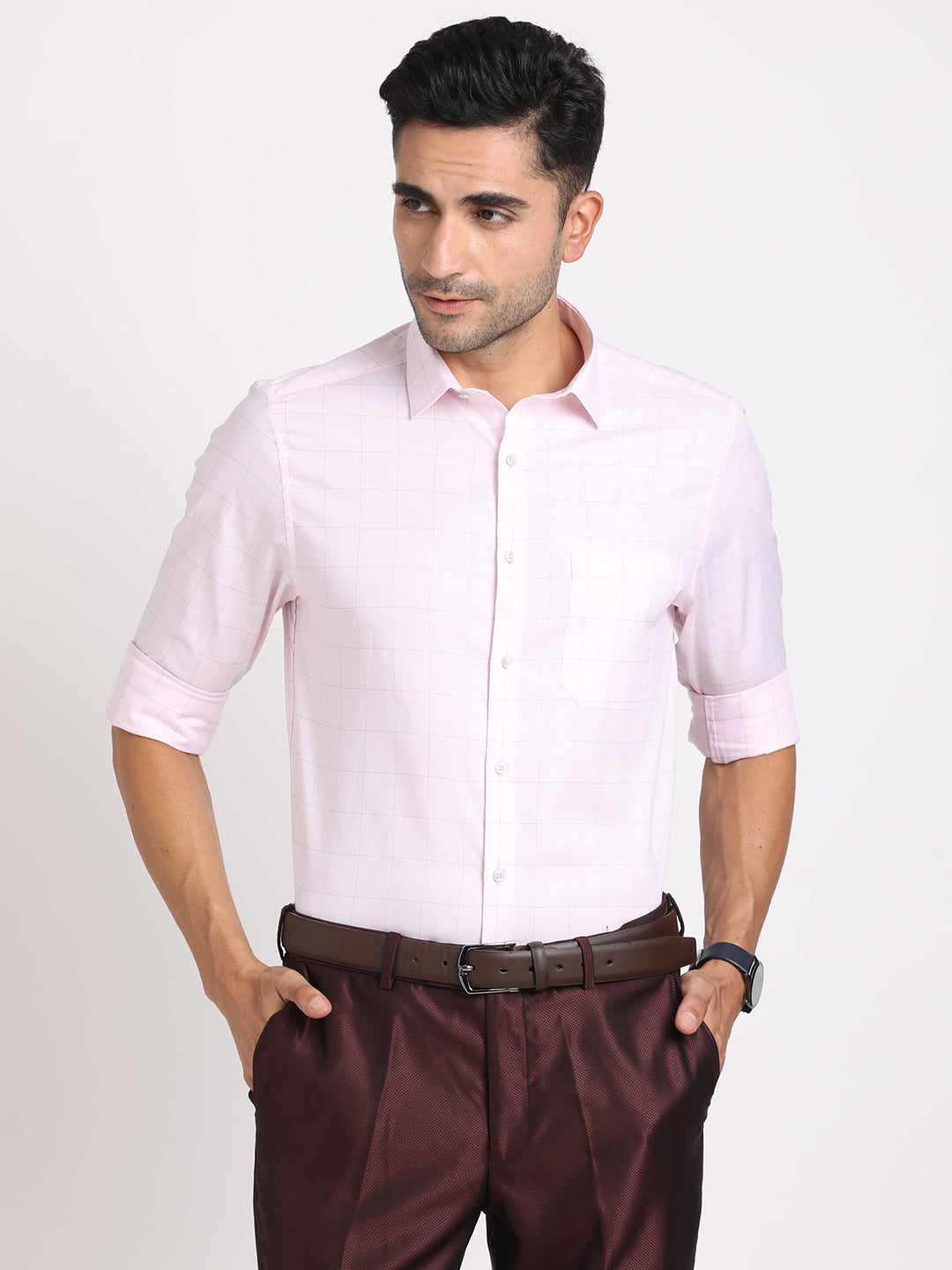 100% Cotton Light Pink Checkered Slim Fit Full Sleeve Formal Shirt