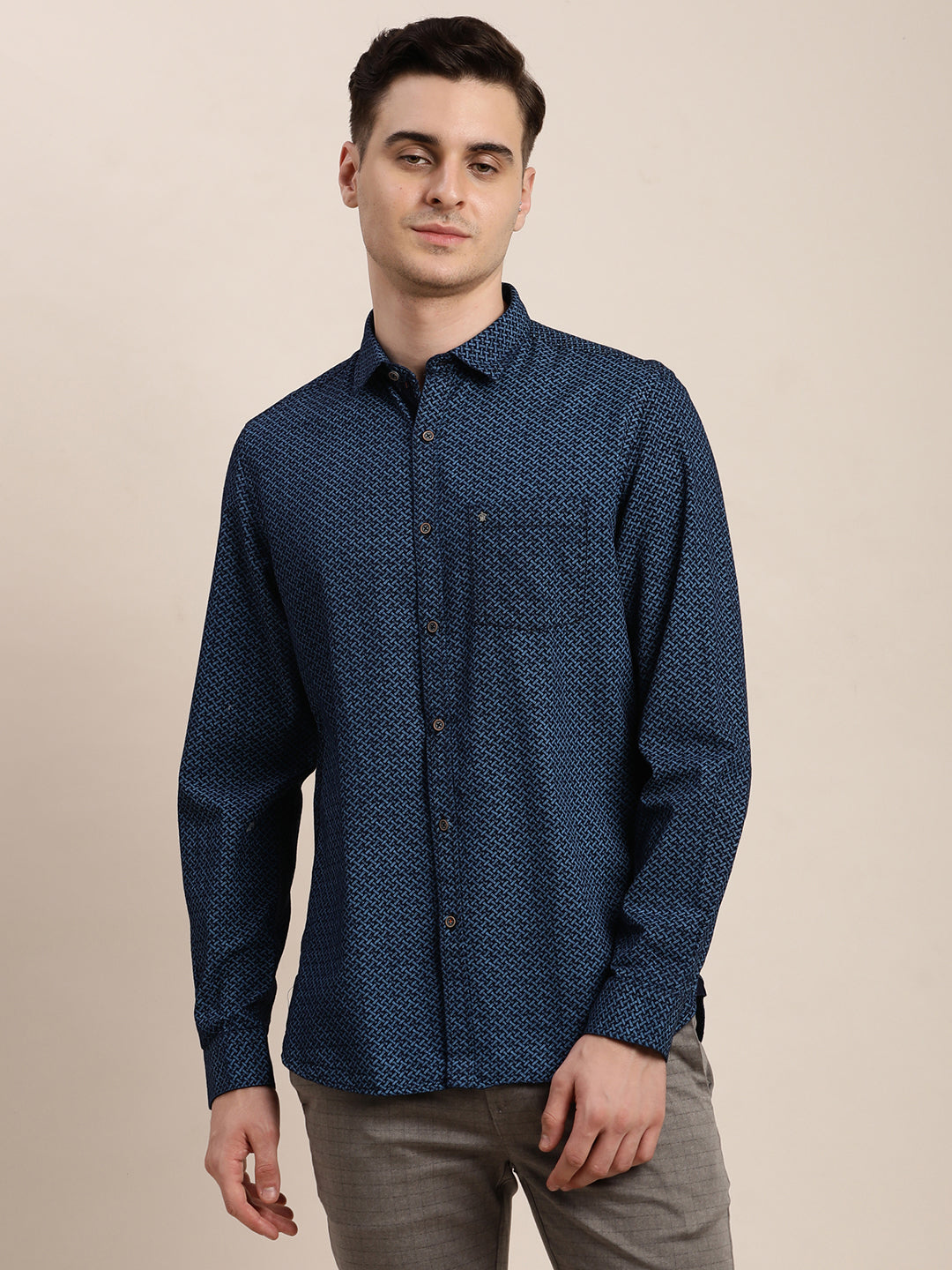 100% Cotton Indigo Dark Blue Printed Slim Fit Full Sleeve Casual Shirt