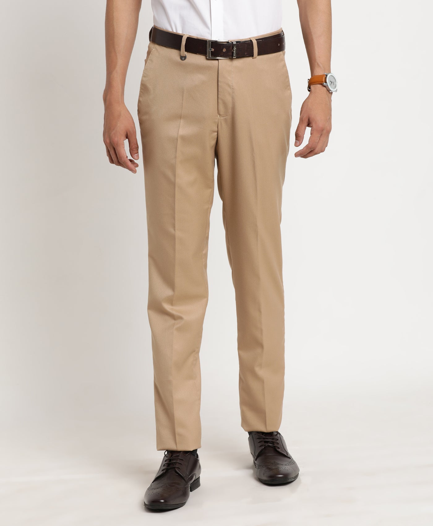 Khaki Checkered Slim Fit Flat Front Formal Trouser