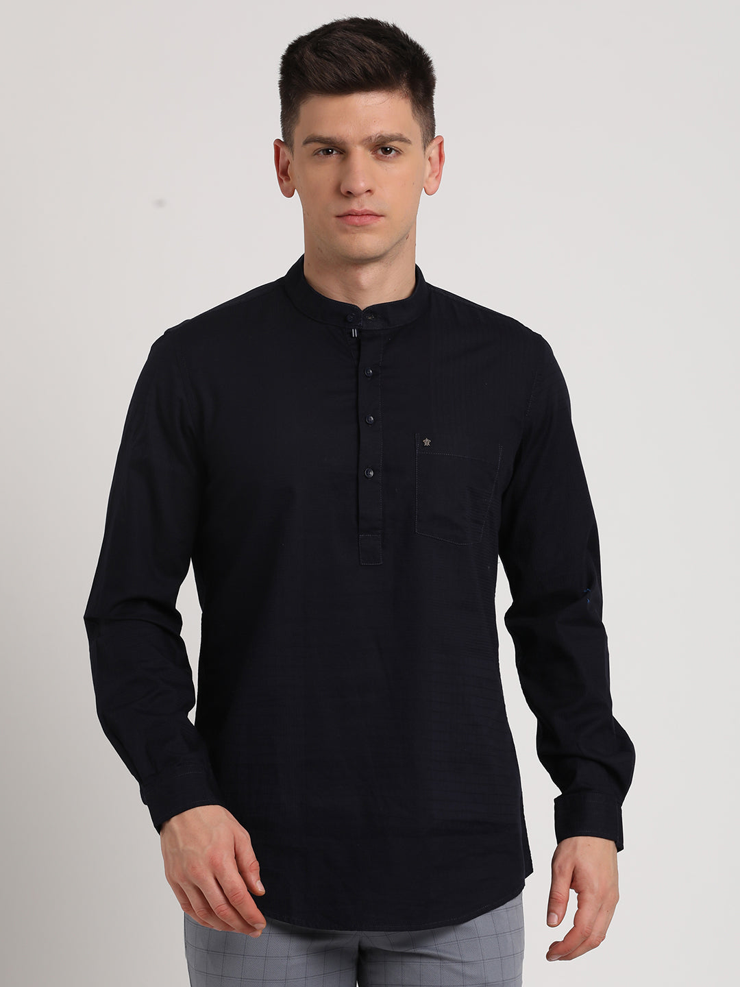 100% Cotton Navy Plain Kurta Full Sleeve Casual Shirt