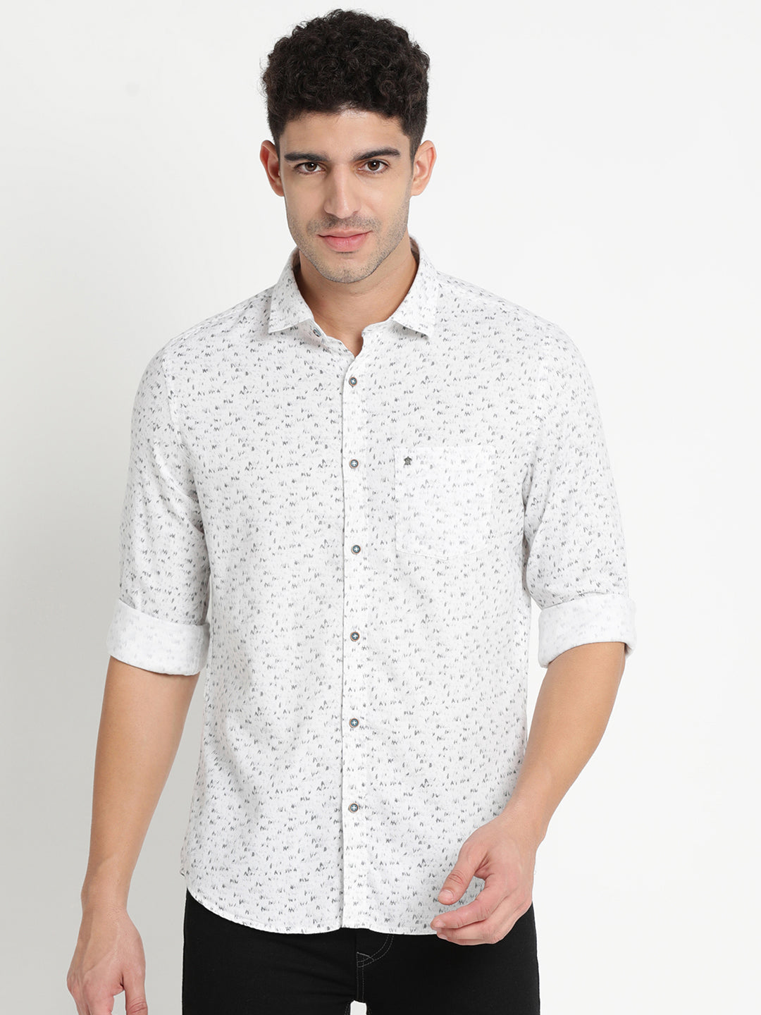 100% Cotton White Printed Slim Fit Full Sleeve Casual Shirt