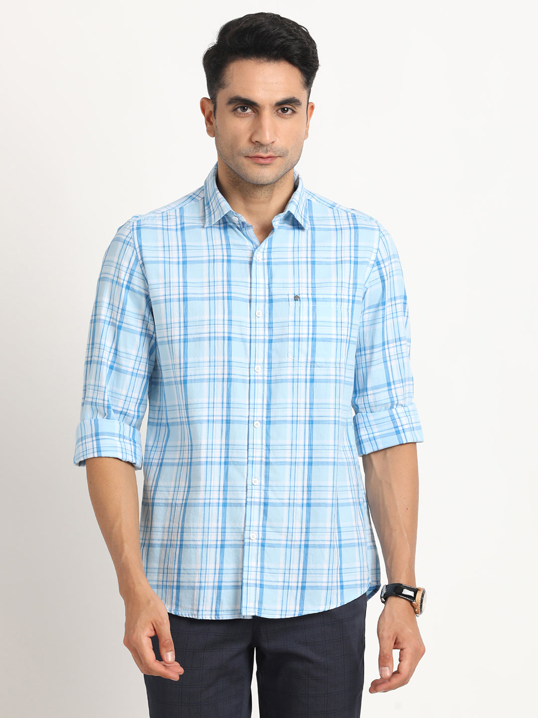 Cotton Blue Checkered Full Sleeve Casual Shirt