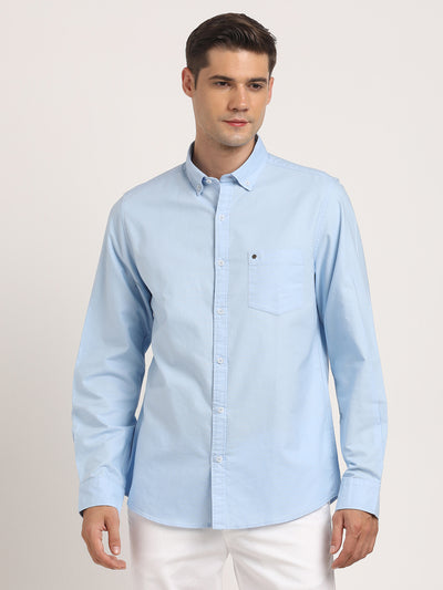 100% Cotton Light Blue Plain Slim Fit Full Sleeve Casual Shirt
