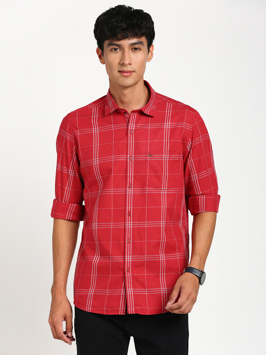 100% Cotton Red Checkered Slim Fit Full Sleeve Casual Shirt