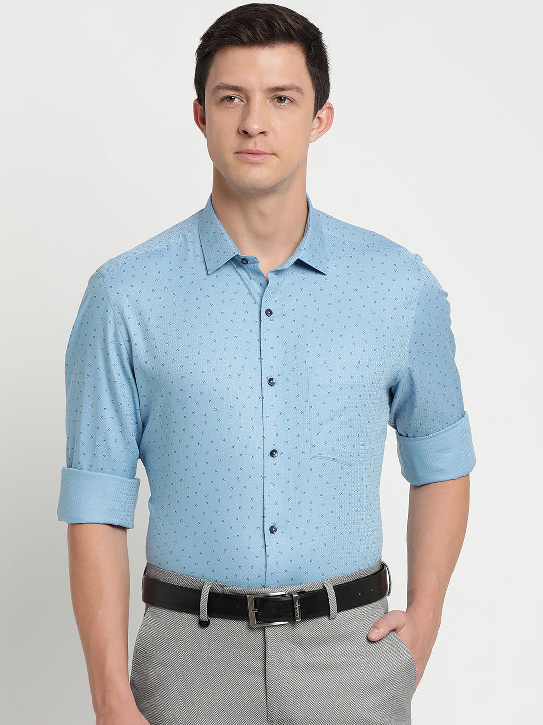 100% Cotton Sky Blue Printed Slim Fit Full Sleeve Formal Shirt
