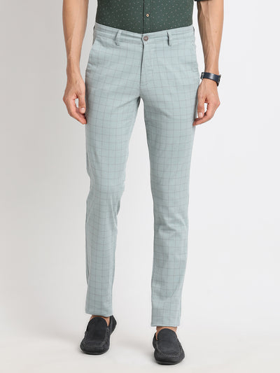 Cotton Stretch Light Blue Checkered Narrow Fit Flat Front Casual Trouser