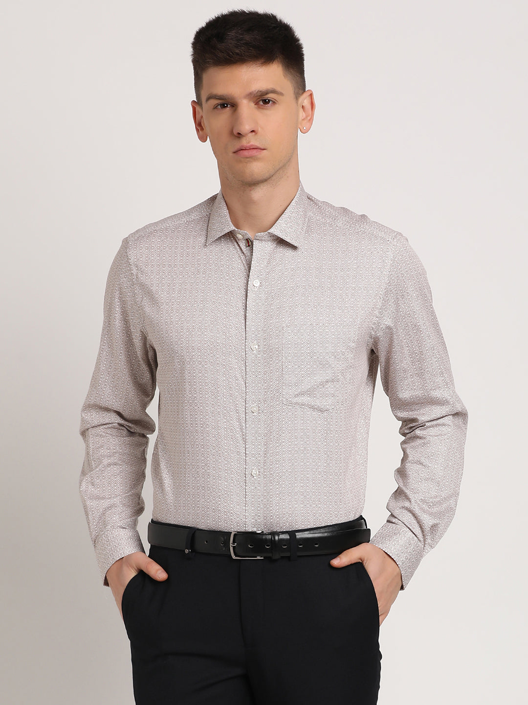 100% Cotton Grey Printed Regular Fit Full Sleeve Formal Shirt