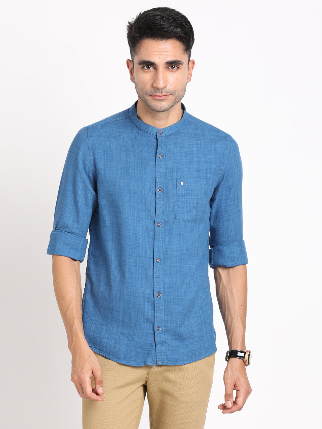 Cotton Lyocell Blue Plain Slim Fit Full Sleeve Casual Shirt