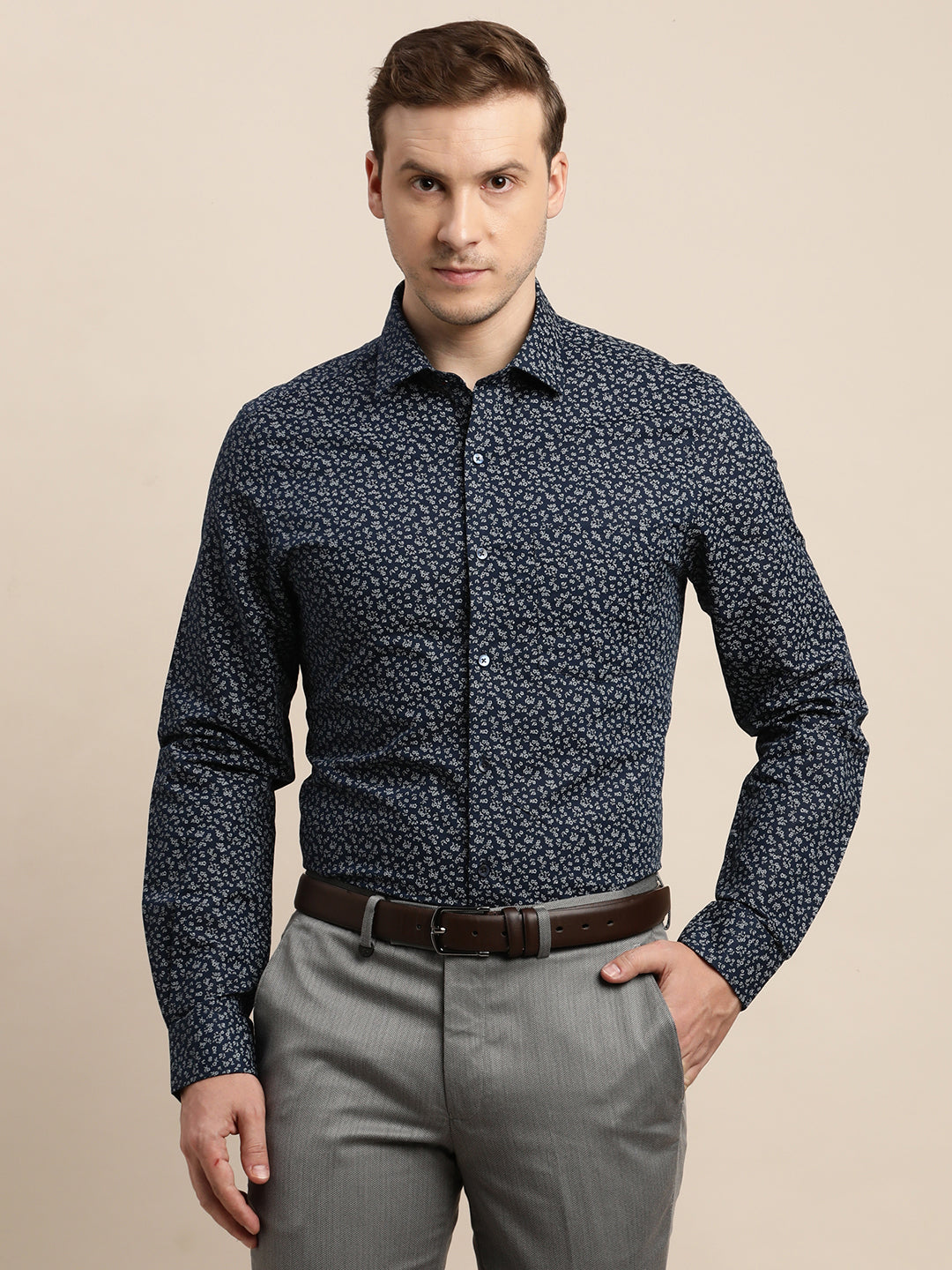 Cotton Linen Dark Blue Printed Slim Fit Full Sleeve Formal Shirt