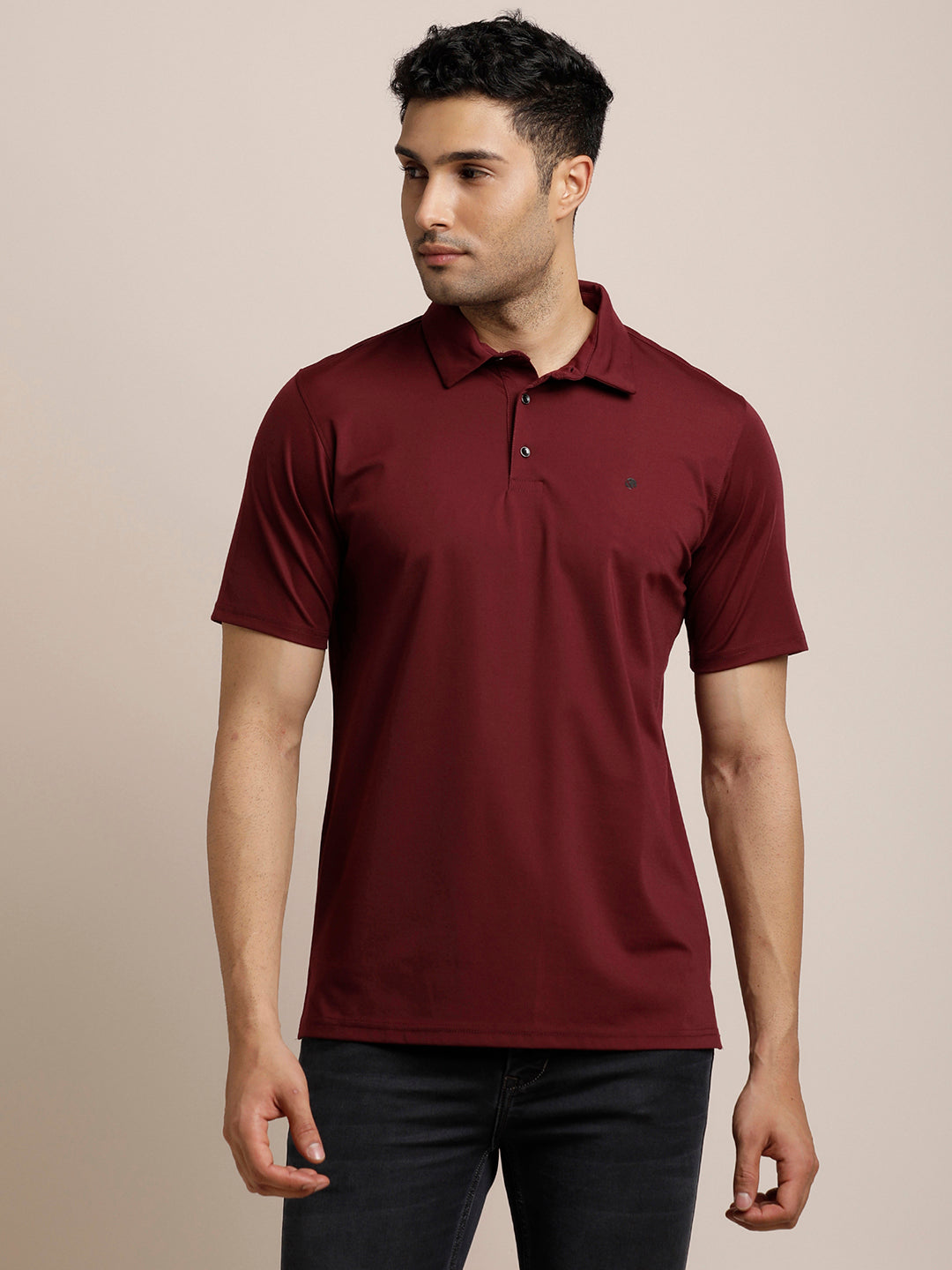 Cotton Plain Maroon Polo Neck T-Shirt