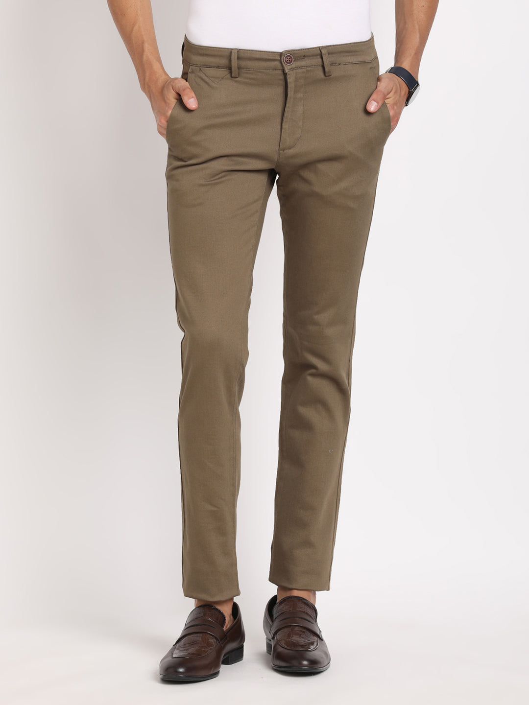 Cotton Stretch Khaki Dobby Ultra Slim Fit Flat Front Casual Trouser