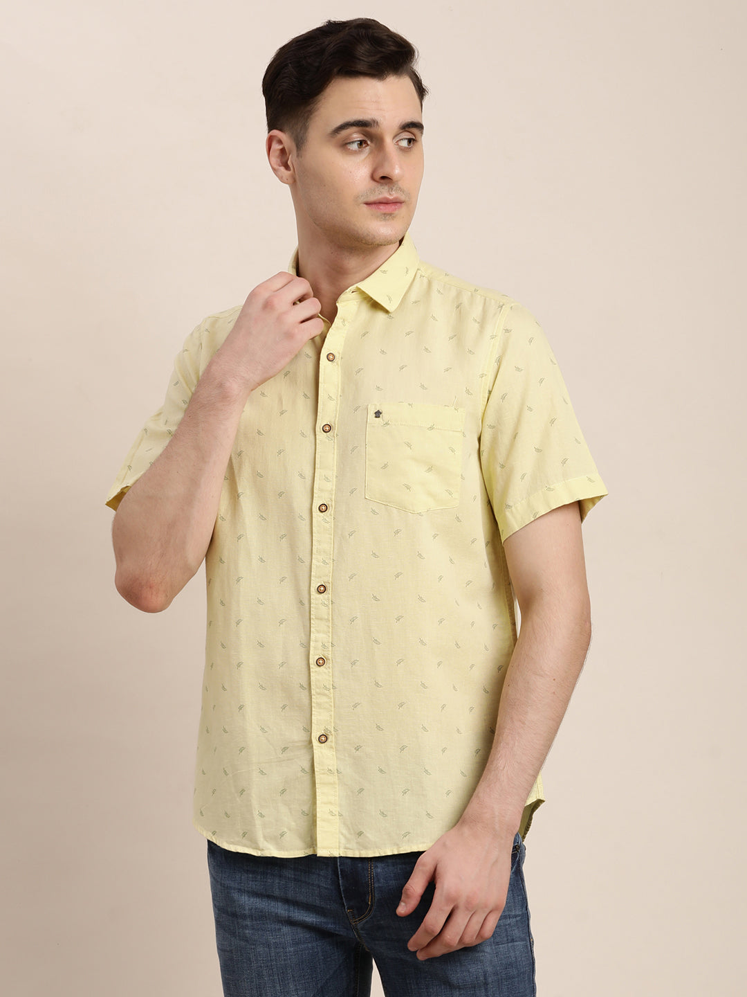 Cotton Linen Beige Printed Slim Fit Half Sleeve Casual Shirt