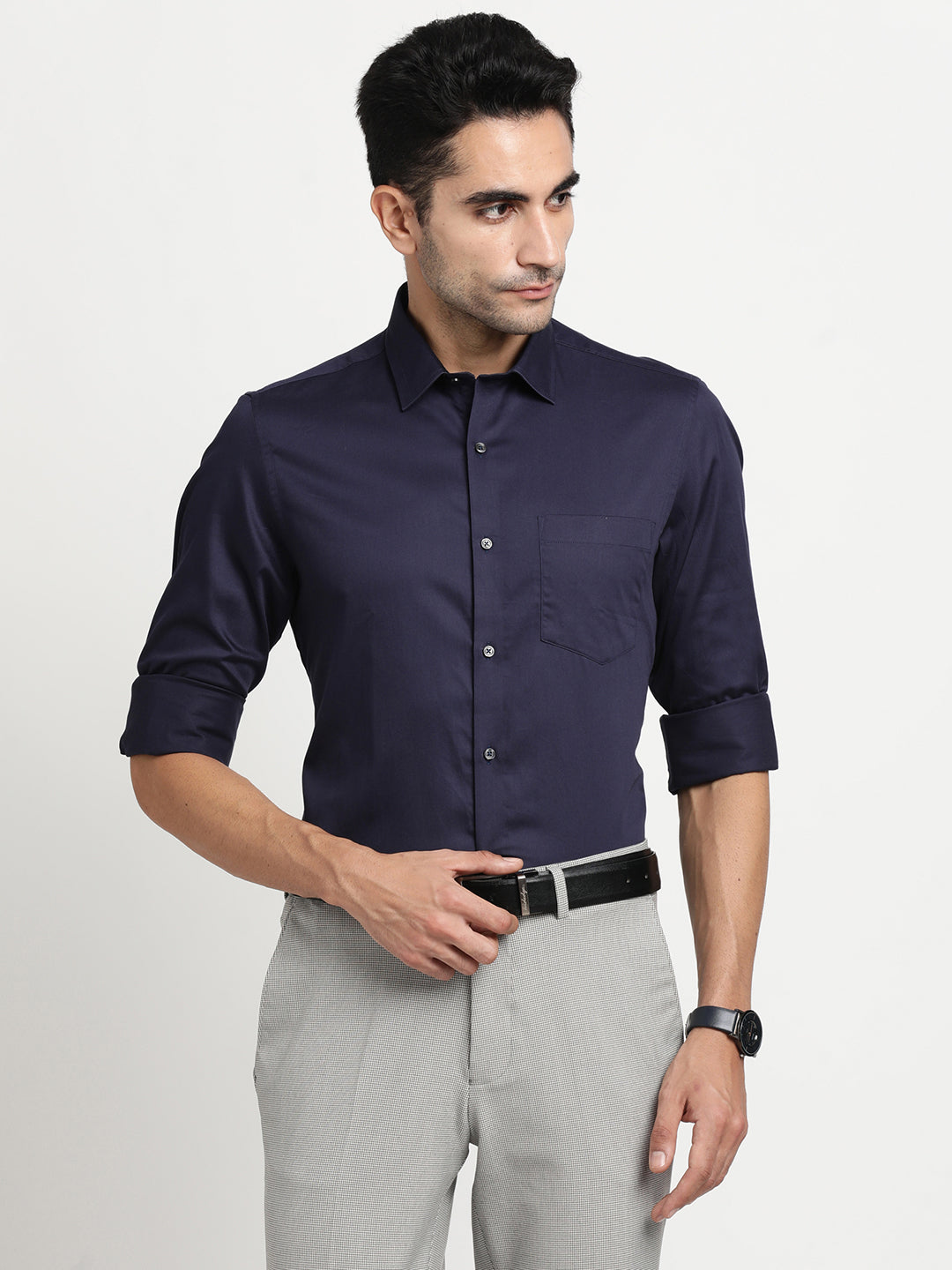 100% Cotton Navy Blue Plain Slim Fit Full Sleeve Formal Shirt