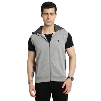 Cotton Stretch Grey Plain Regular Fit Hooded Sleeve Less Casual Sweat Shirt
