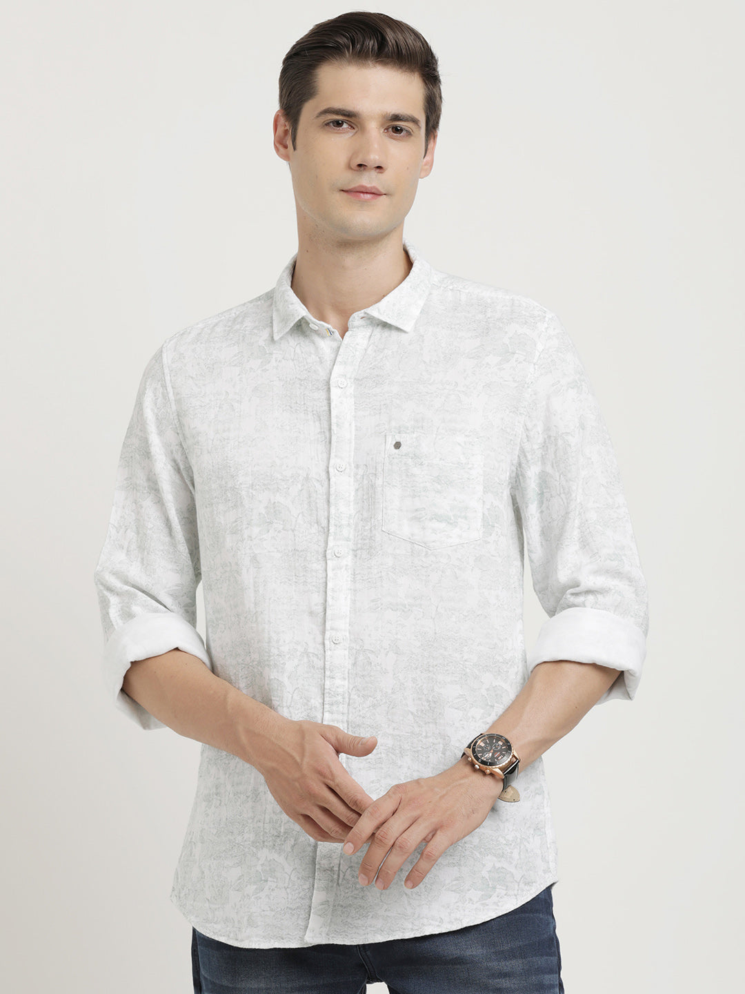 100% Cotton Grey Printed Slim Fit Full Sleeve Casual Shirt