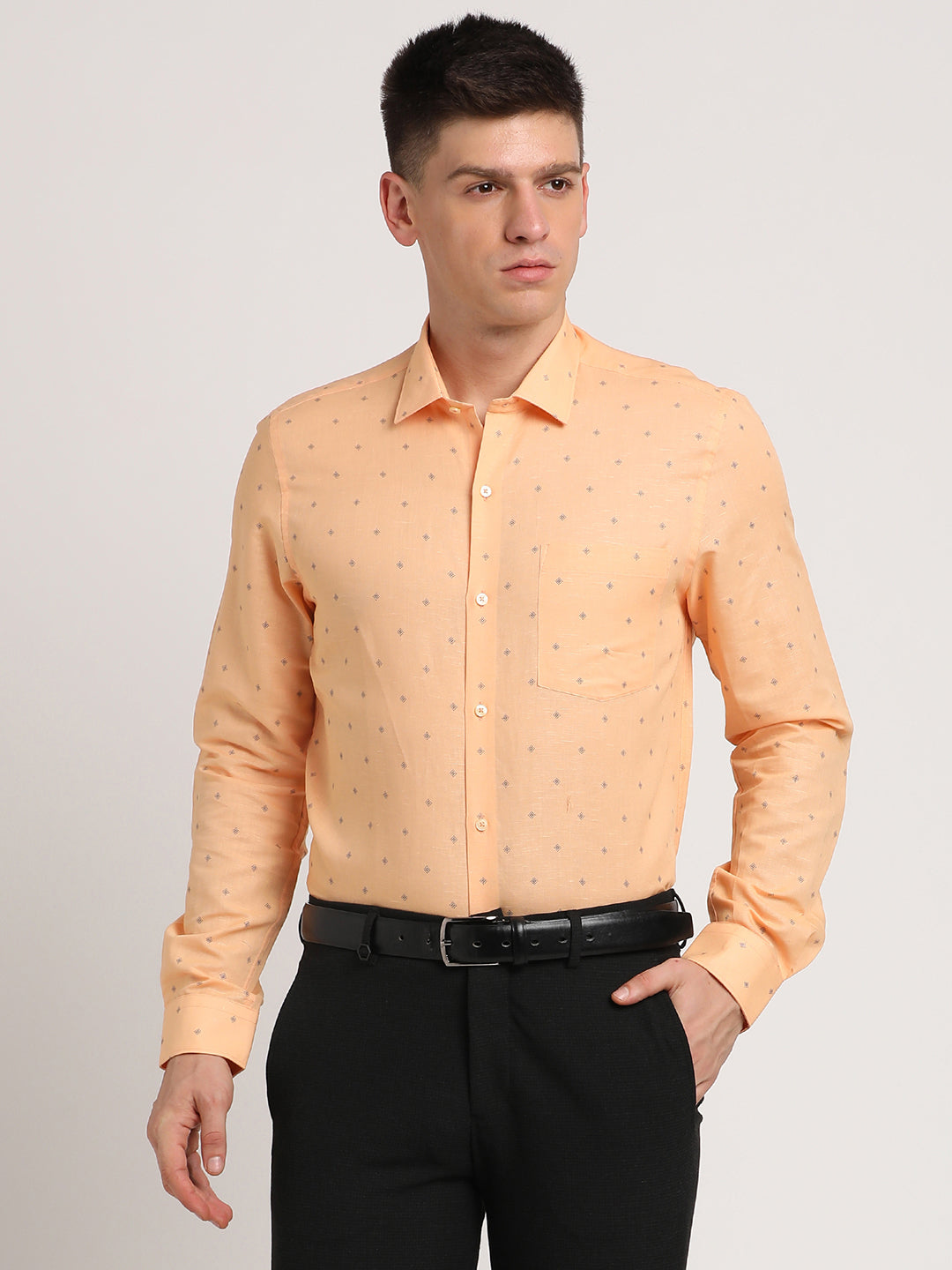 Cotton Linen Yellow Printed Slim Fit Full Sleeve Formal Shirt