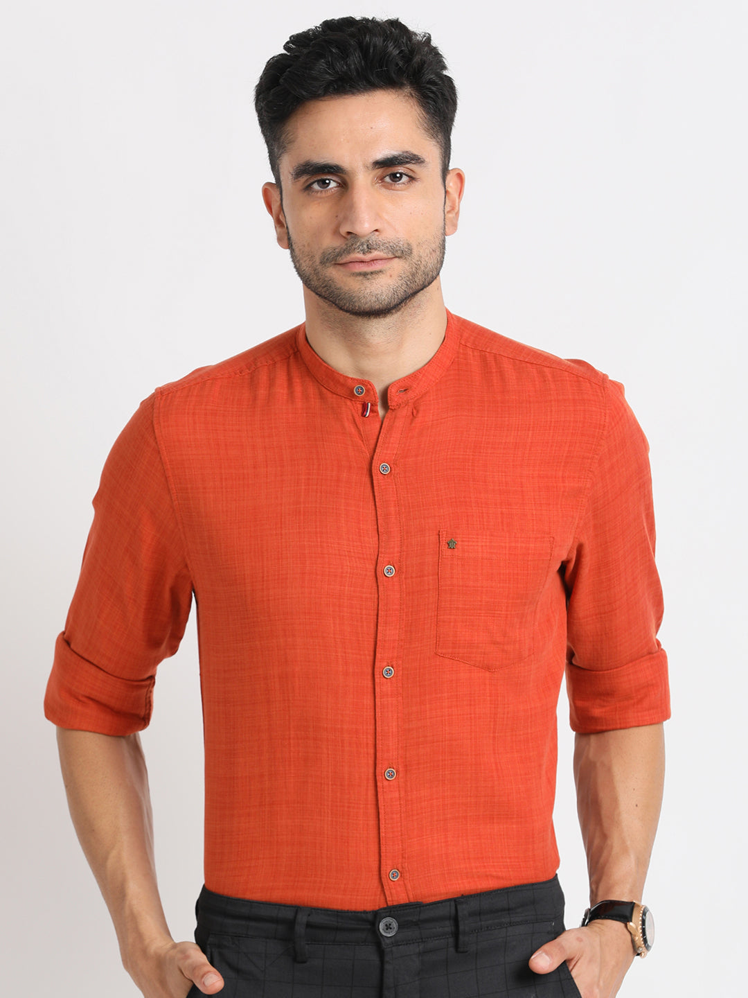 Cotton Lyocell Orange Plain Slim Fit Full Sleeve Casual Shirt