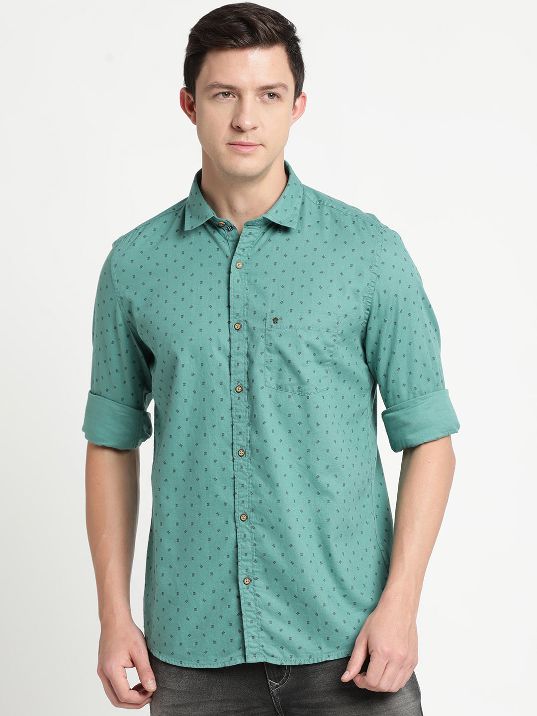 100% Cotton Teal Printed Slim Fit Full Sleeve Casual Shirt