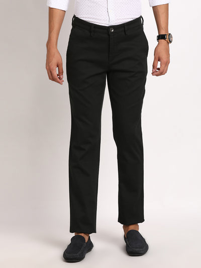 Cotton Stretch Black Dobby Ultra Slim Fit Flat Front Casual Trouser